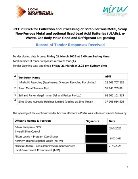 A flyer with the Record of Tender Reponses Received for RFT P00824 for Collection and Processing of Scrap Ferrous and Non-Ferrous Metal and optional Used Lead Batteries, e-Waste, Car Body Make Good and Refrigerant De-gassing 
